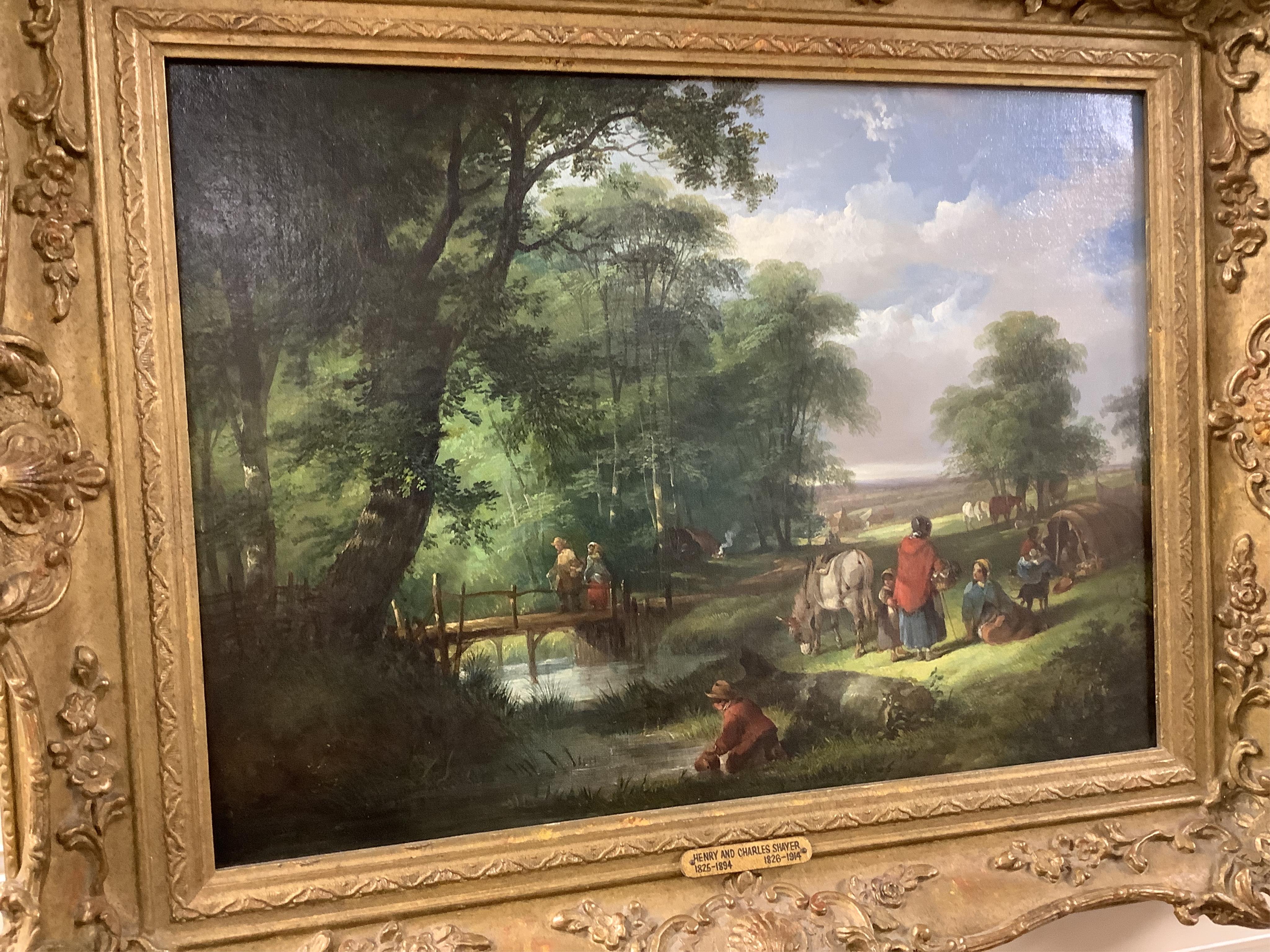 Henry and William Shayer (1825-1894 and 1826-1914), Figures with a donkey near a bridge, signed, oil on canvas, 26 x 37cm